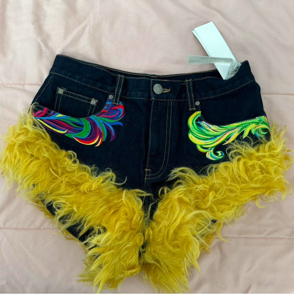 AREA NYC “Embroidered Mohair Trimmed Denim Hot Shorts”